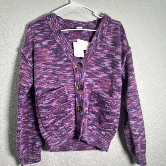 Abound Sweater Womens XXS Purple Space Dye Button Cardigan Preppy Girly Pockets - Picture 1 of 8